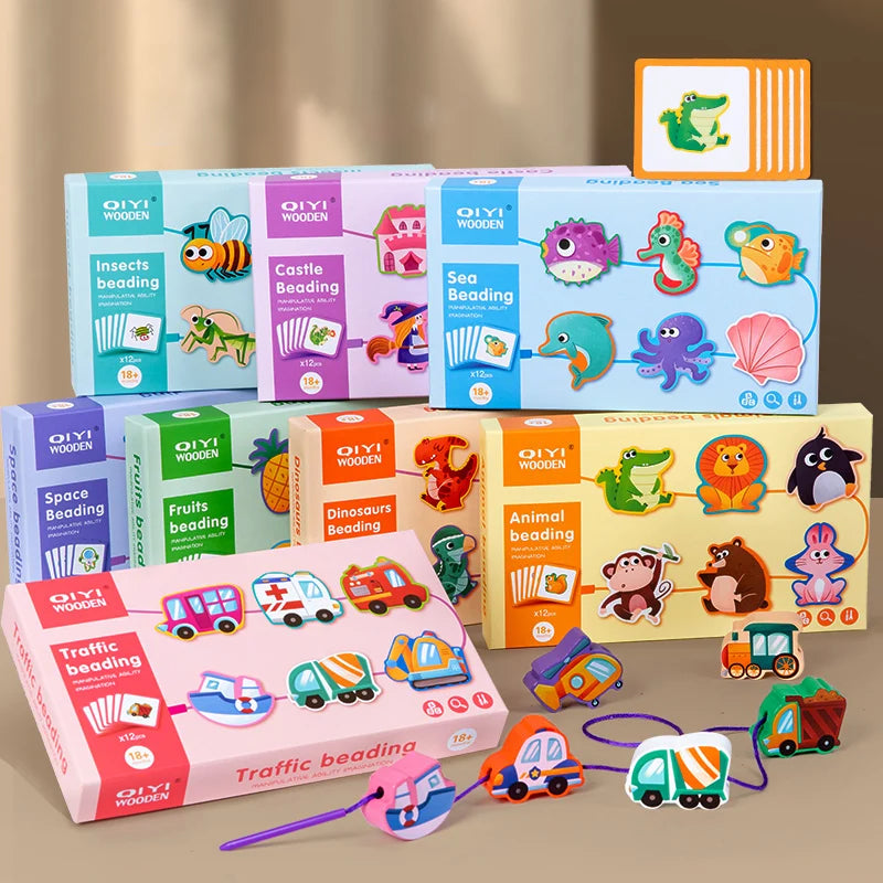 Montessori Wooden Bead Threading Toy - Transportation