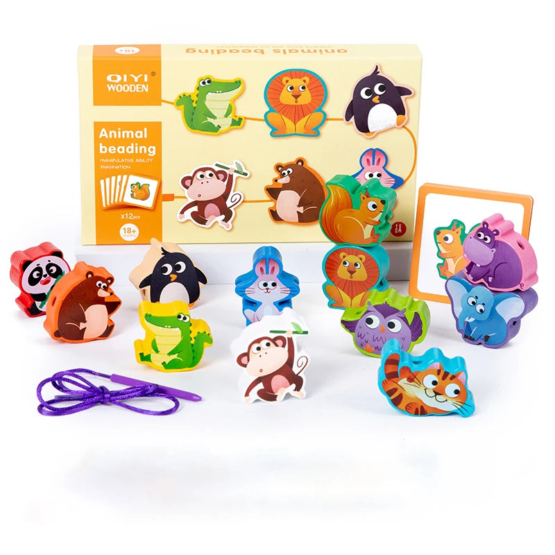 Colorful animal beading toys with packaging on a white background