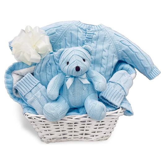 Blue Cable Knit Baby Gift Basket Set for Snuggly Little Ones