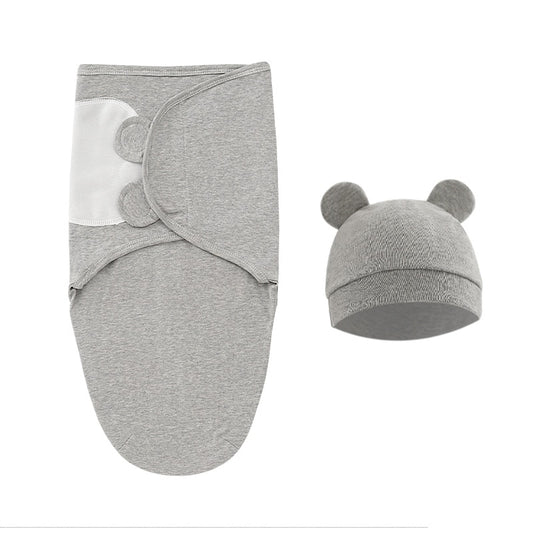 Cotton Baby Swaddle Wrap with Hat - Grey